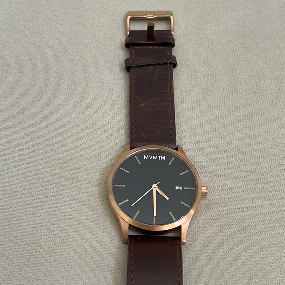MVMT BROWN LEATHER WITH BLACK FACE ROSE GOLD TRIM WATCH